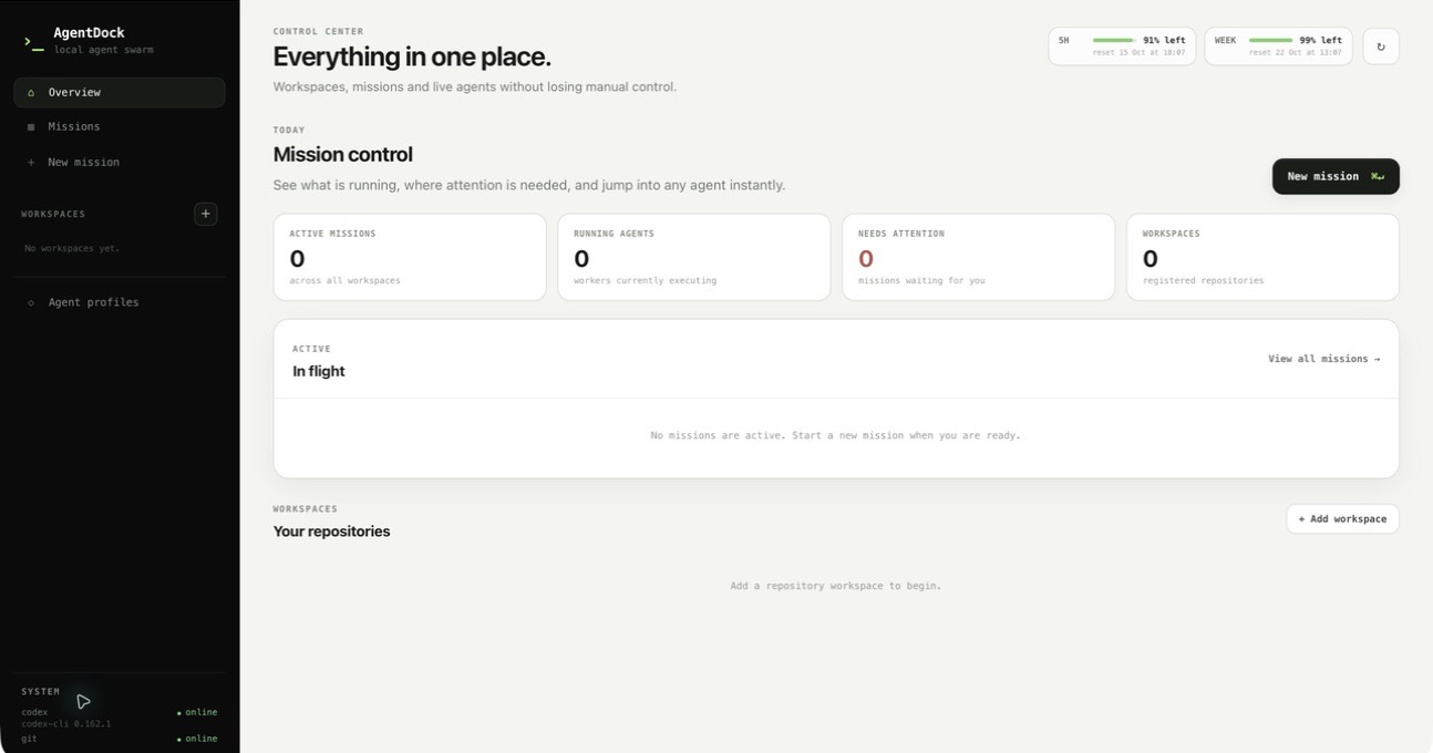 AgentDock’s actual local Mission Control overview with workspaces, missions and running-agent counters