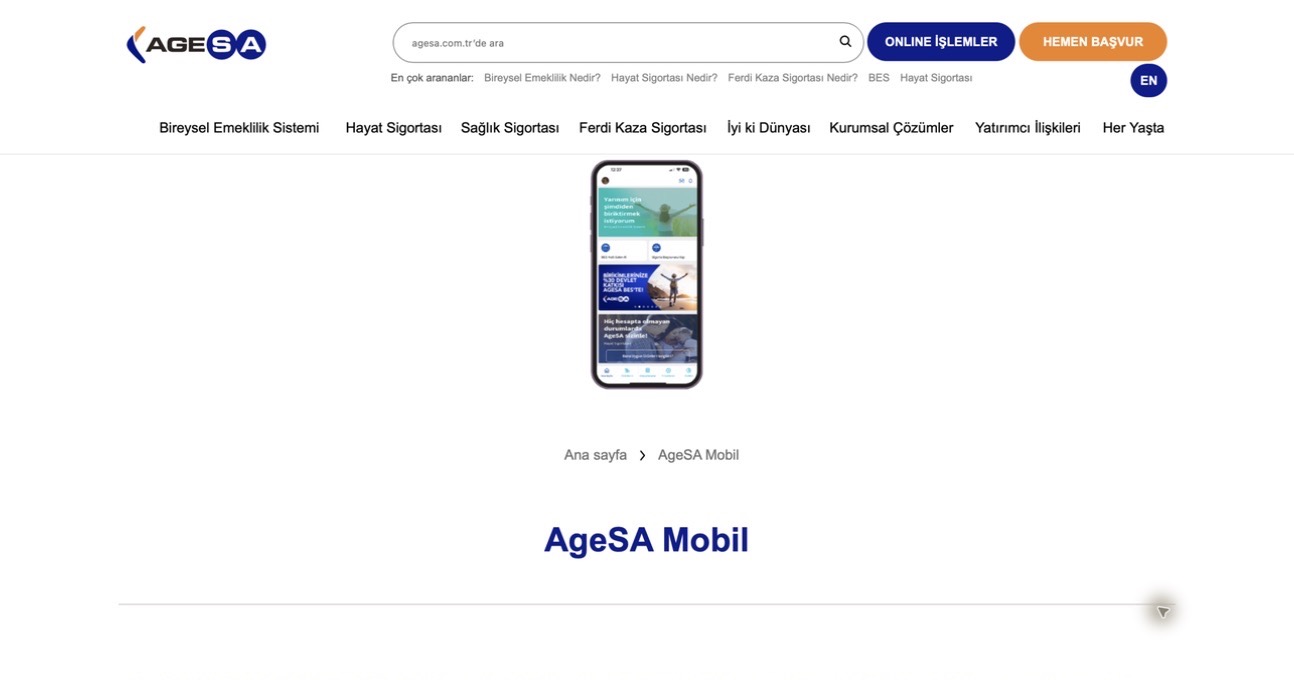 AgeSA Mobil official product page with the mobile application and BES features