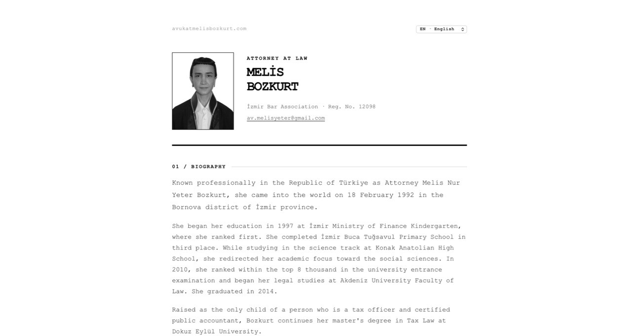 Melis Bozkurt live multilingual legal website with portrait and biography