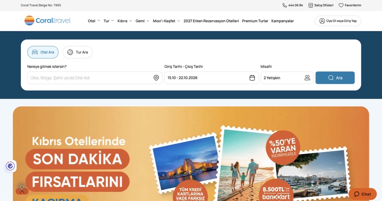 Coral Travel’s live website with hotel search, travel dates and holiday offers
