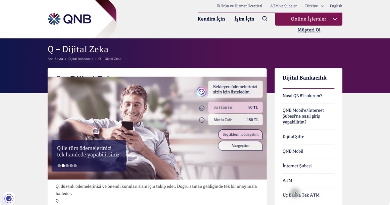 QNB’s official Q digital assistant page showing payment reminders and assistant features