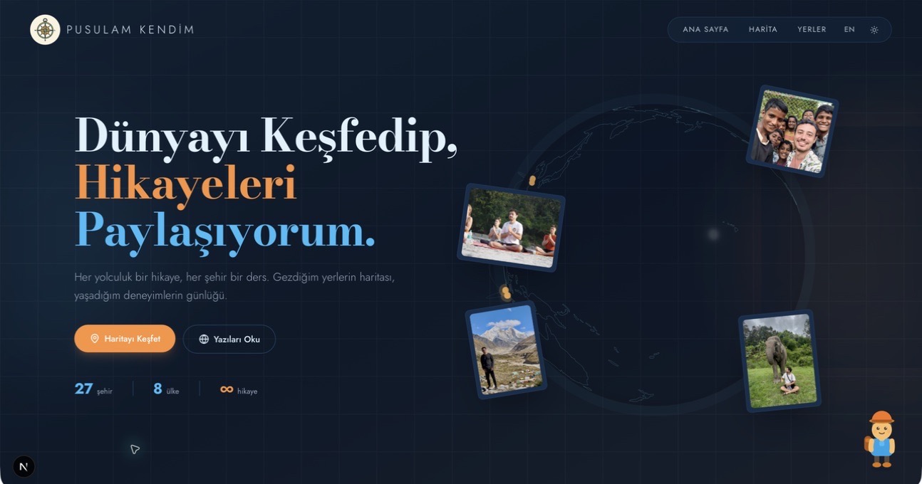 Pusulam Kendim travel journal homepage with destination globe and travel photos